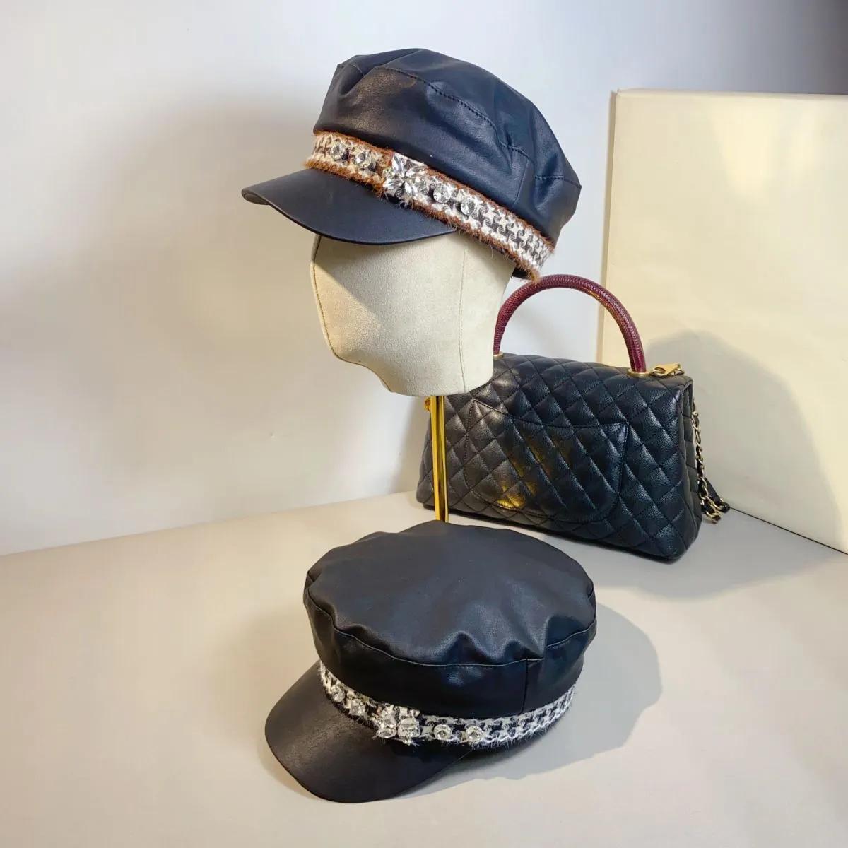 여성 플랫 탑 모자, 밀리터리 가죽 모자, 천 버드 격자 무늬 리본, 번쩍이는 다이아몬드, 여행, 네이비 모자, 가을 및 겨울